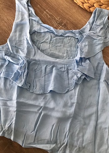 Mavi Keten Fırfırlı Kolsuz Crop - Görsel 2