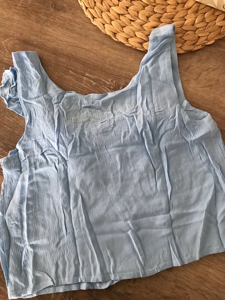 Mavi Keten Fırfırlı Kolsuz Crop - Görsel 3