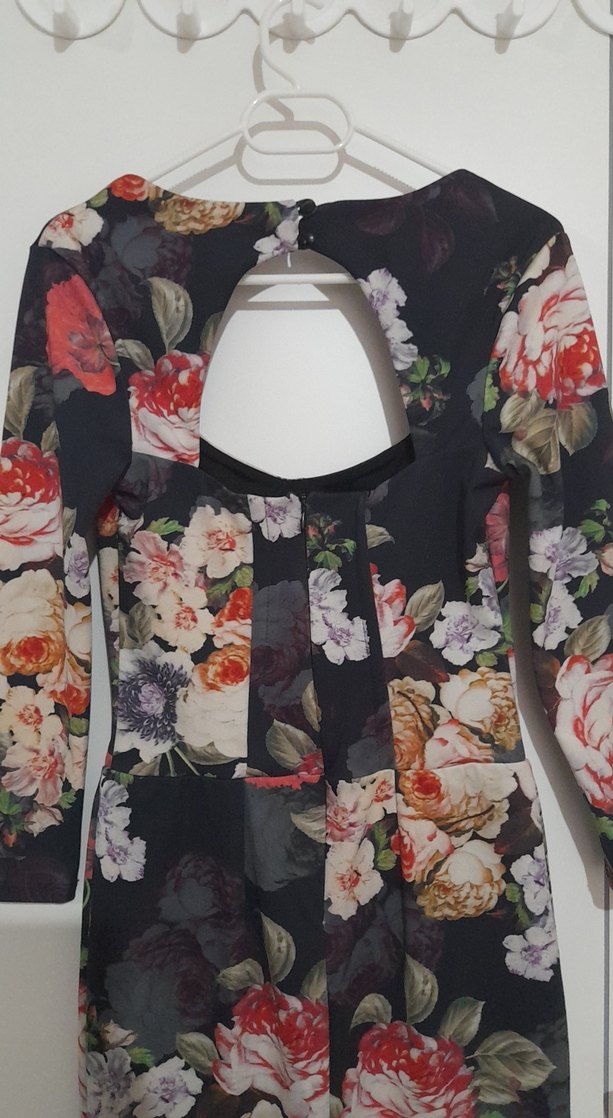 Çiçek Desenli Uzun Kollu V Yaka Elbise - Görsel 3