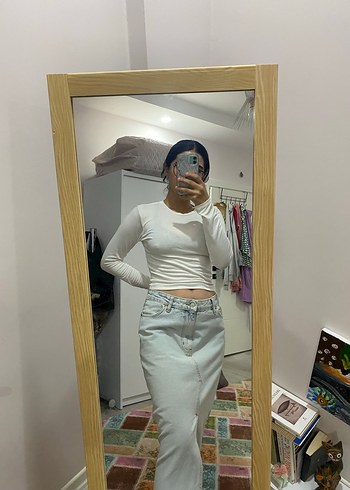 midi yırtmaçlı denim etek - Görsel 3