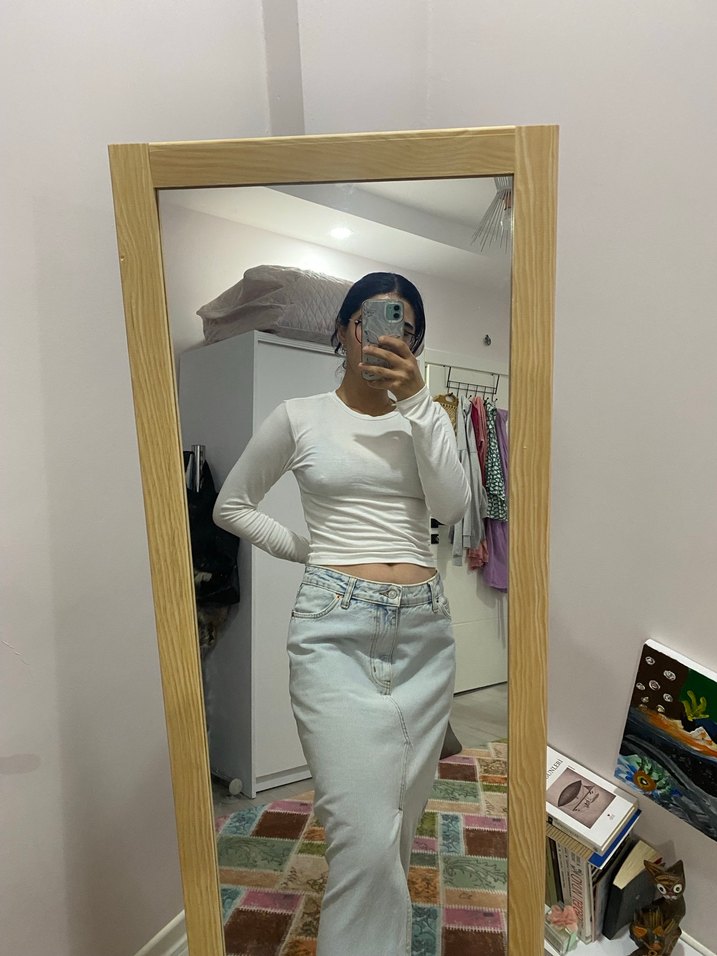 midi yırtmaçlı denim etek - Görsel 3