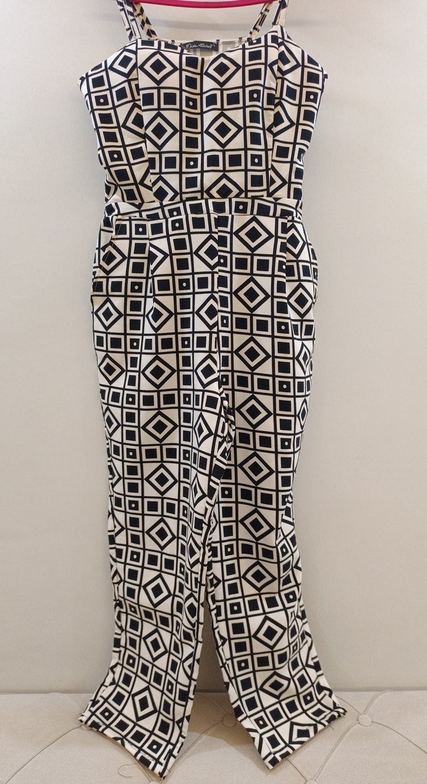 Kadın Beyaz Siyah Desenli Uzun Tulum - Görsel 2