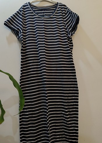 siyah Çizgili Kısa Kollu Uzun Elbise - Görsel 4