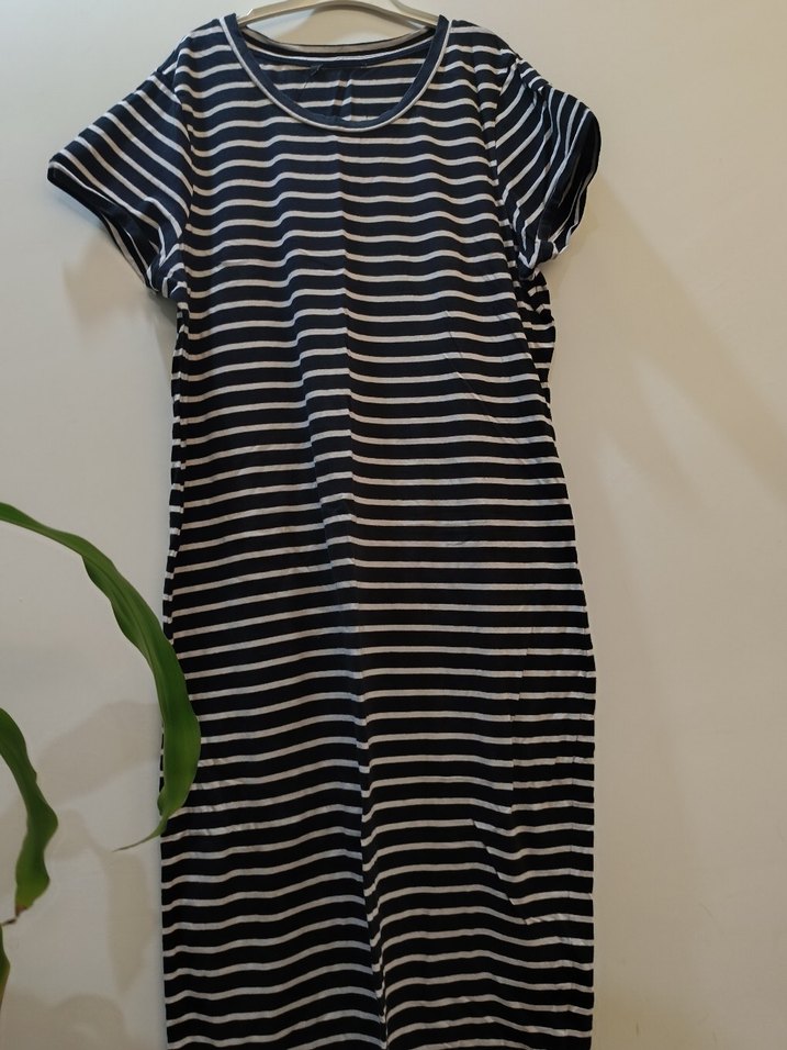 siyah Çizgili Kısa Kollu Uzun Elbise - Görsel 4