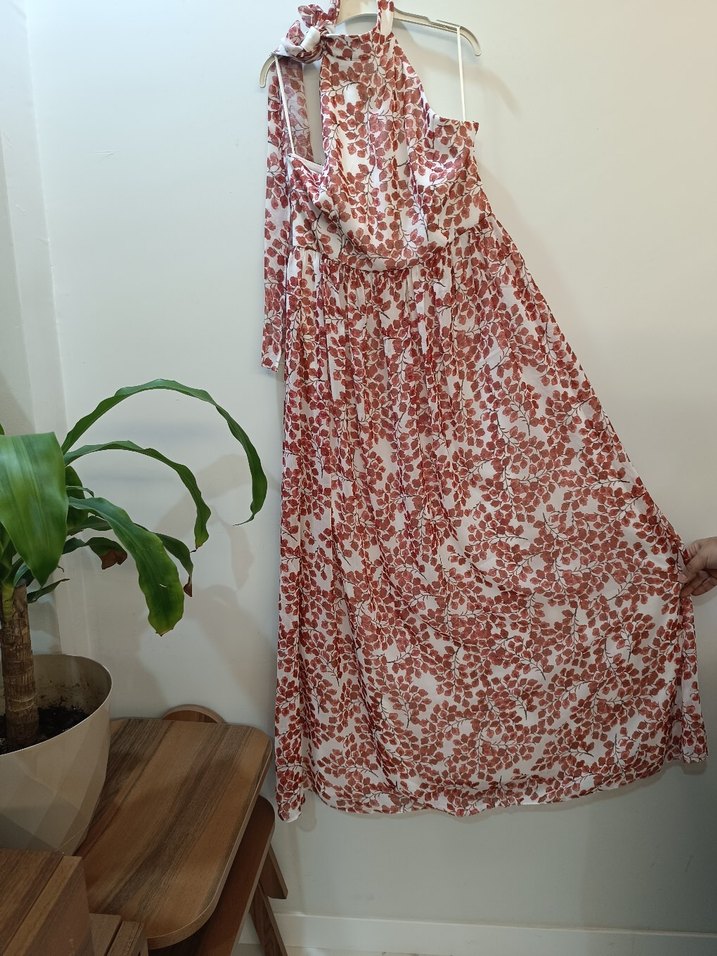 Kırmızı Uzun Bohem Askısız Elbise - Görsel 5