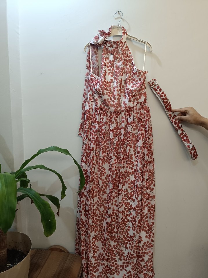 Kırmızı Uzun Bohem Askısız Elbise - Görsel 2