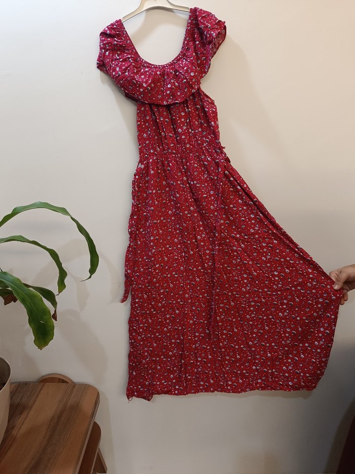 Kadın Kırmızı Uzun Bohem Elbise - Görsel 2