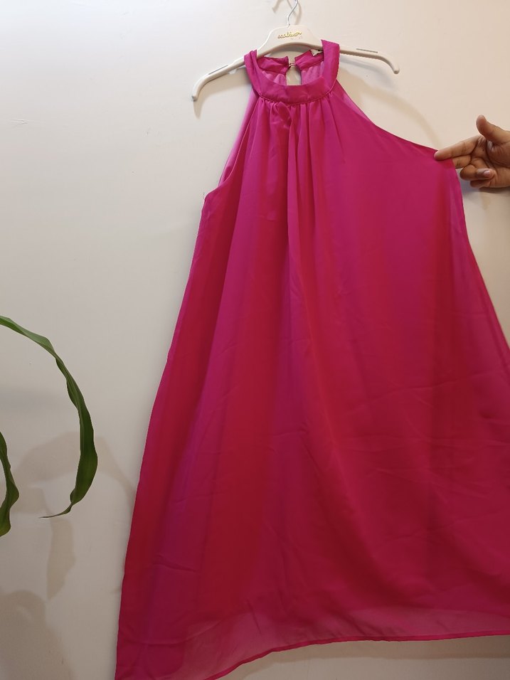 Pembe Midi Drapeli Kolsuz Abiye Elbise - Görsel 3