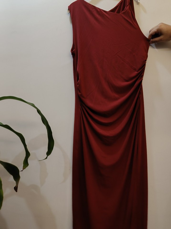 Bordo Drapeli Uzun Kadın Elbise - Görsel 3