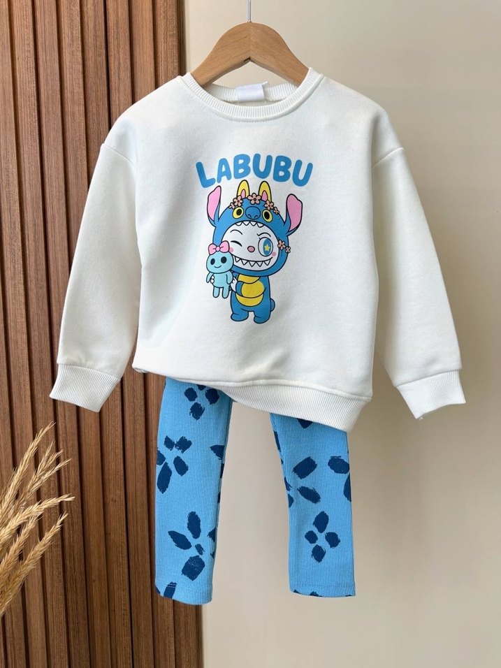 Labubu Kız Çocuk Mavi Batik Desenli Rahat Eşofman - Görsel 4