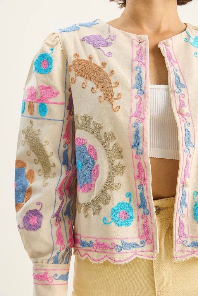 Etnik Desenli Düğmeli Kısa Kadın Ceket - Görsel 2