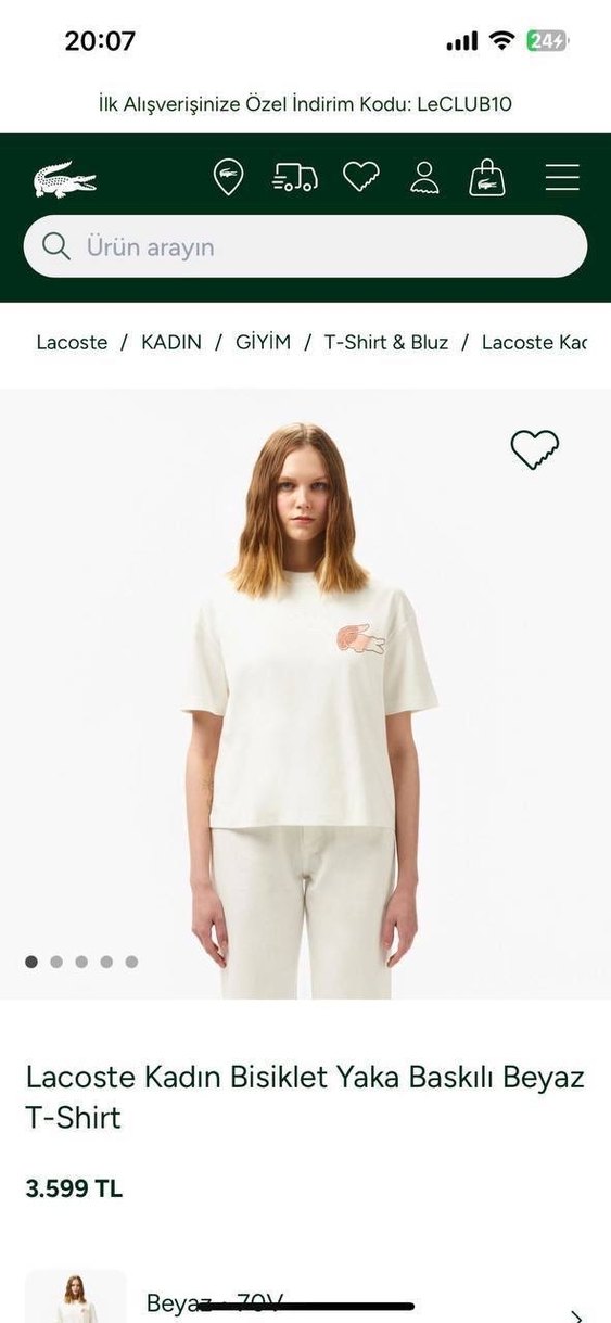 Lacoste Kadın Beyaz Bisiklet Yaka Baskılı Tişört - Görsel 4