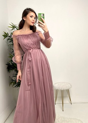 L beden Pembe Uzun Kollu Notalı Yaka Nişan Elbisesi - Görsel 2