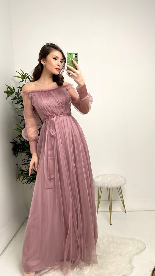 L beden Pembe Uzun Kollu Notalı Yaka Nişan Elbisesi - Görsel 2