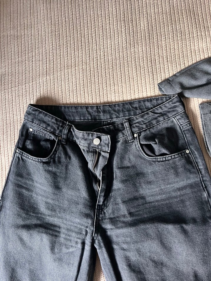 Koyu Gri Yıkamalı Rahat Denim Jean bol paça — görsel 3/4