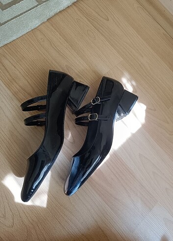 Siyah rugan kadın mary jane arkası kapalı çift bant kare topuklu - Görsel 7