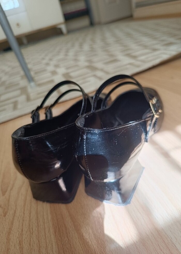 Siyah rugan kadın mary jane arkası kapalı çift bant kare topuklu - Görsel 2