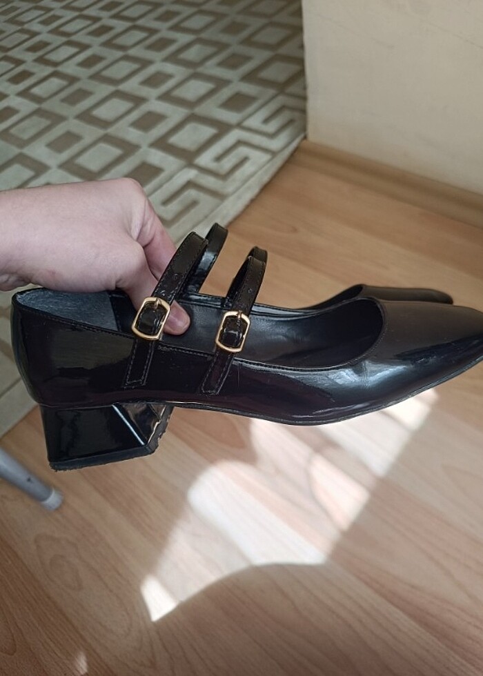 Siyah rugan kadın mary jane arkası kapalı çift bant kare topuklu - Görsel 3