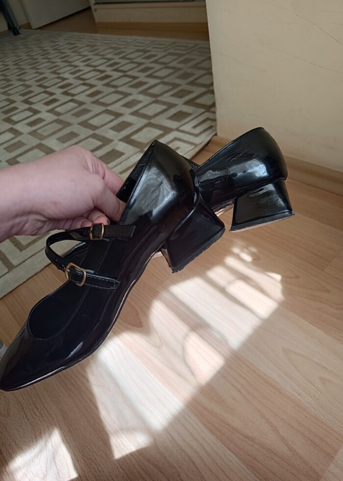 Siyah rugan kadın mary jane arkası kapalı çift bant kare topuklu - Görsel 4