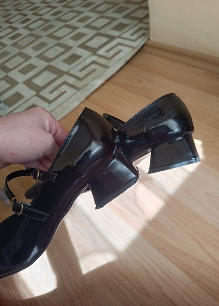 Siyah rugan kadın mary jane arkası kapalı çift bant kare topuklu - Görsel 5