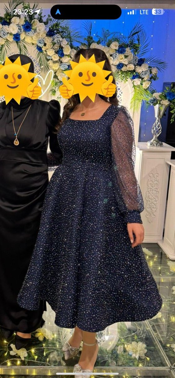 Uzun Kollu Parlak Mavi Nişan Elbisesi - Görsel 4