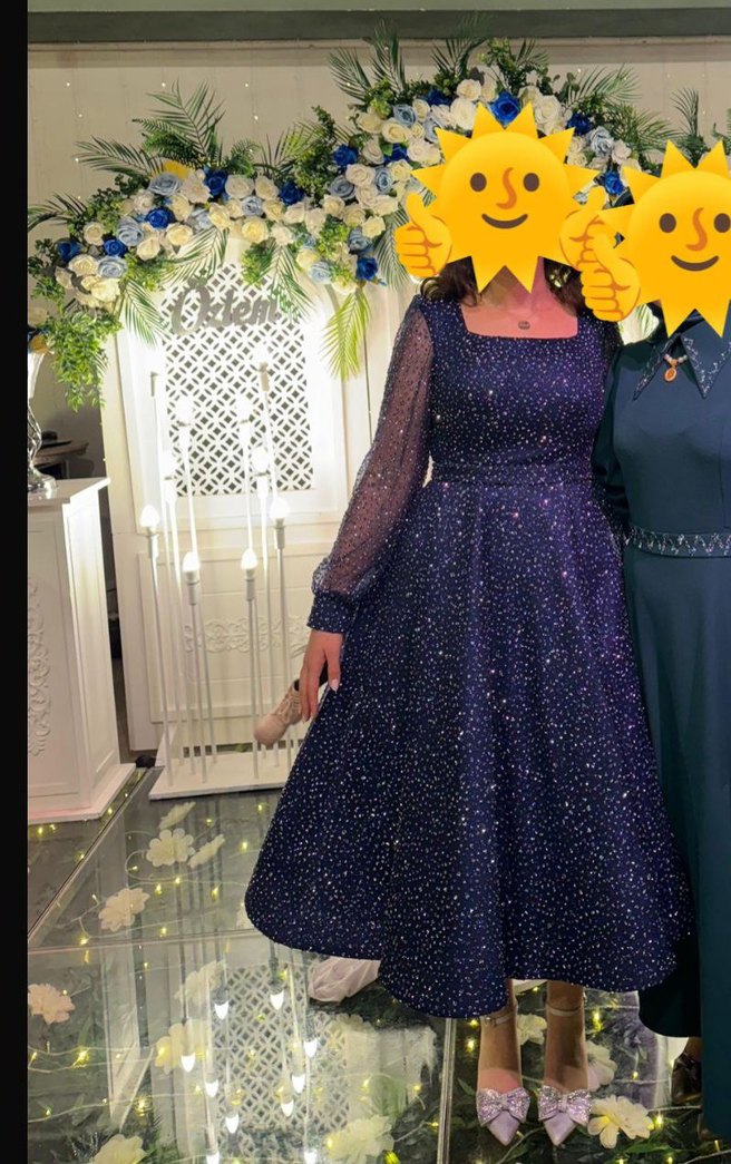 Uzun Kollu Parlak Mavi Nişan Elbisesi - Görsel 5