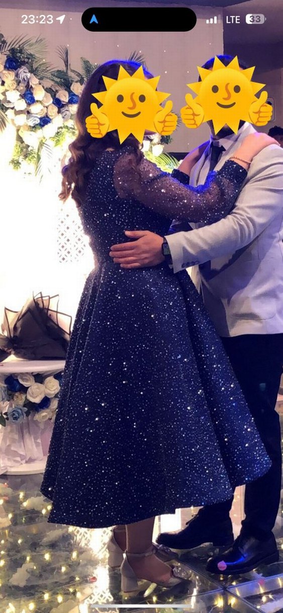 Uzun Kollu Parlak Mavi Nişan Elbisesi - Görsel 3