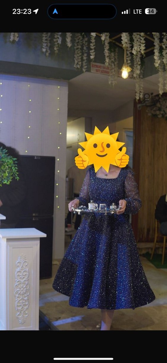 Uzun Kollu Parlak Mavi Nişan Elbisesi - Görsel 2