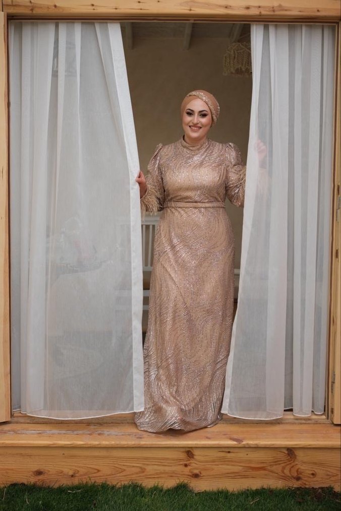 Bej  büyük beden Abiye Elbise - Görsel 2