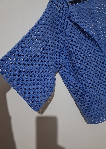 Mavi Örgü Kadın Hırka - Görsel 3