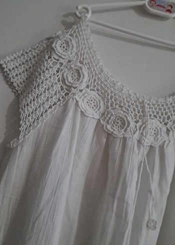 Beyaz Kolsuz Midi Bohem Elbise - Görsel 2