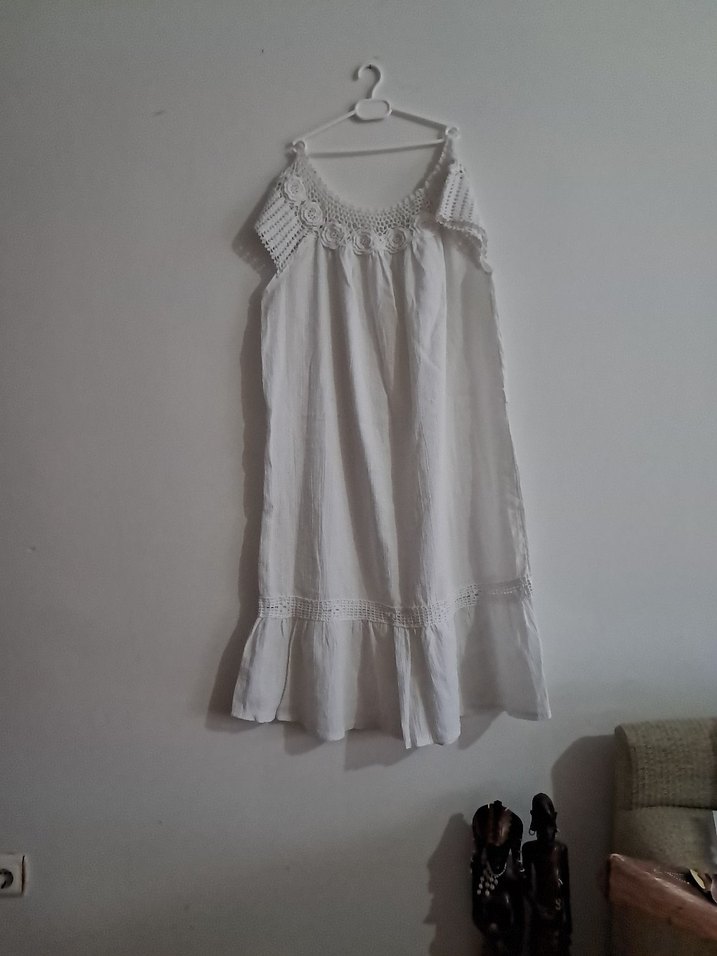 Beyaz Kolsuz Midi Bohem Elbise - Görsel 5