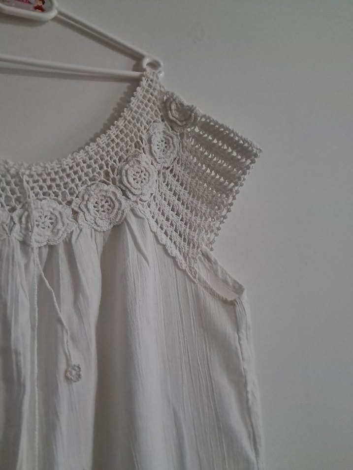 Beyaz Kolsuz Midi Bohem Elbise - Görsel 3