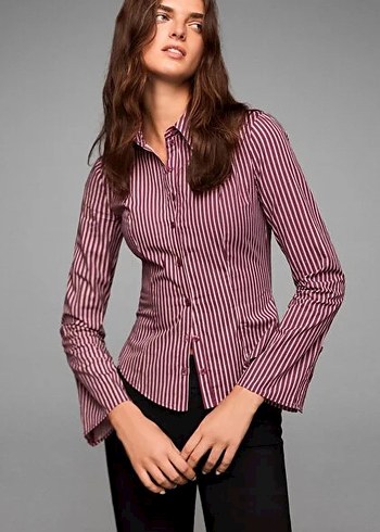 Bershka Bordo Cizgili Belden Oturtmali İspanyol Kol Gomlek
