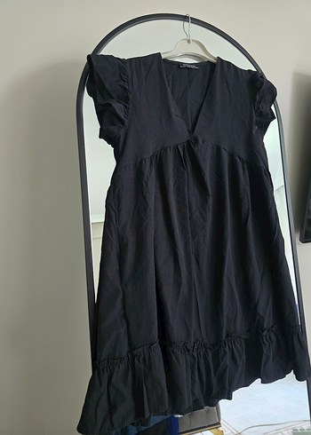 Siyah V Yaka Midi Keten Elbise - Görsel 2