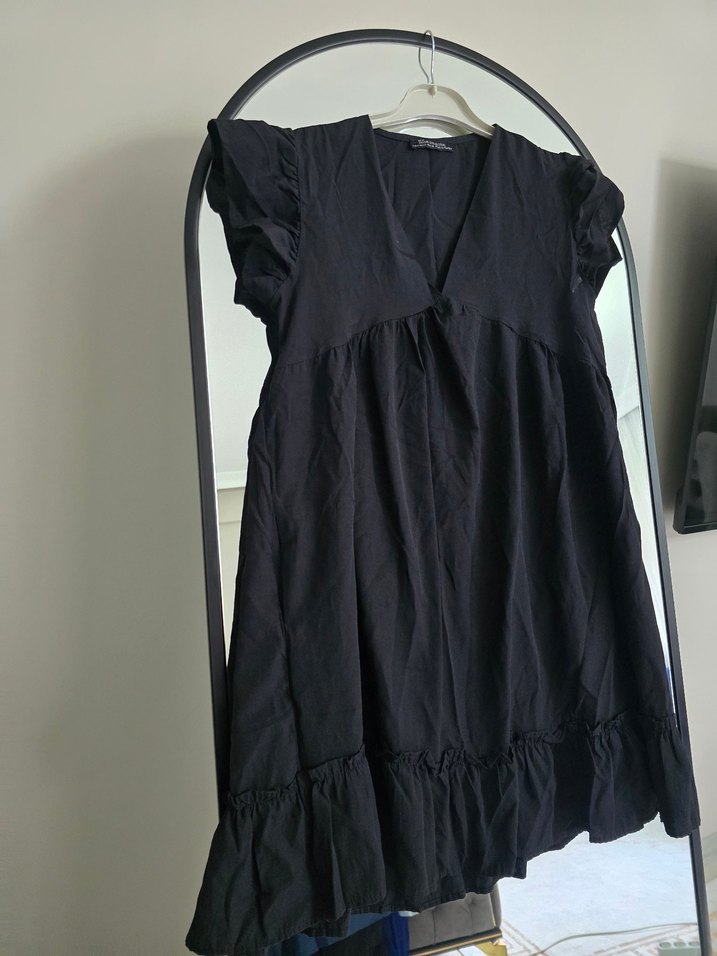 Siyah V Yaka Midi Keten Elbise - Görsel 2