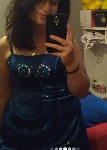 Mavi İşlemeli Uzun Drapeli Straplez Abiye - Görsel 5