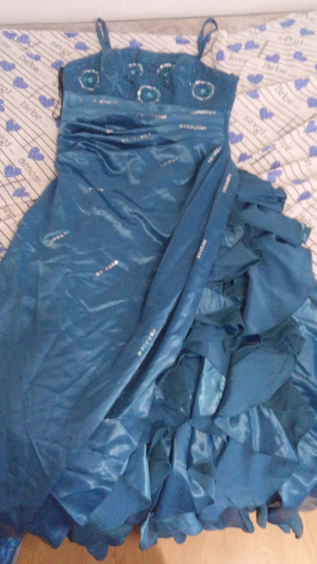 Mavi İşlemeli Uzun Drapeli Straplez Abiye - Görsel 2