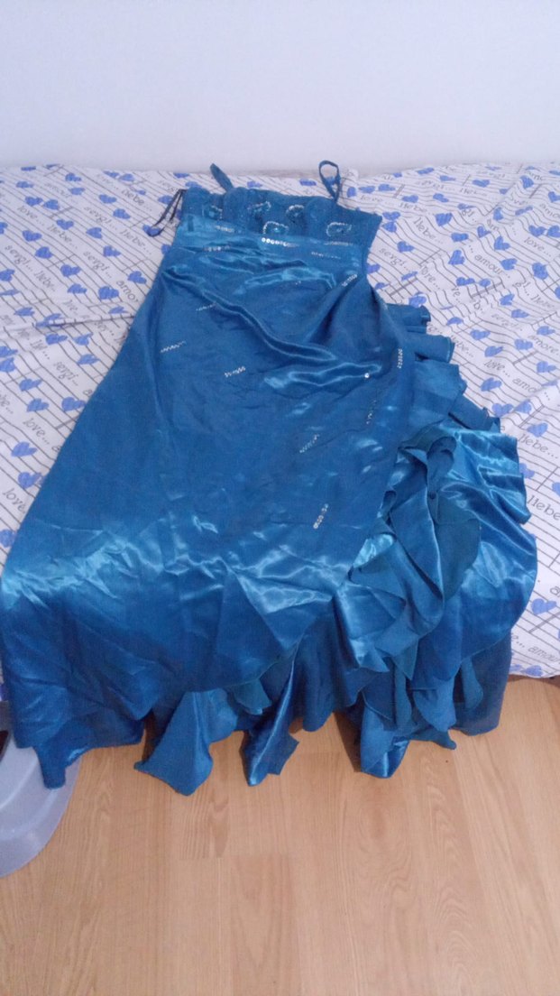 Mavi İşlemeli Uzun Drapeli Straplez Abiye - Görsel 3