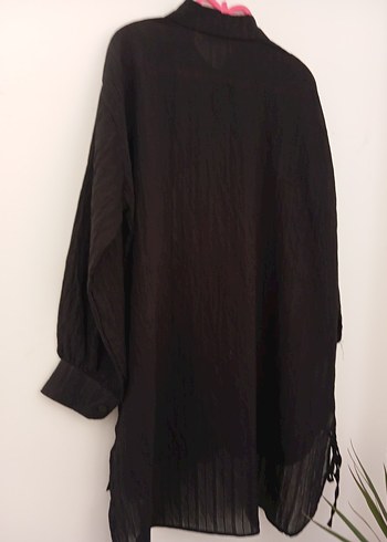 Düğmeli Siyah Uzun Keten Gömlek - Görsel 5