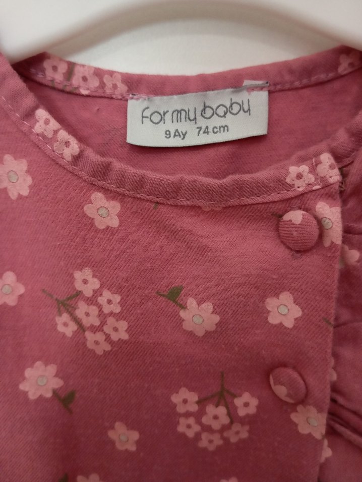 Uzun Kollu Pembe Çiçek Desenli Kız Elbisesi - Görsel 3