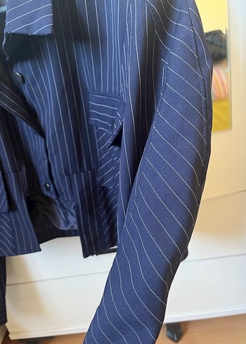 Düğmeli Kısa Mavi Kadın Blazer Ceket - Görsel 3