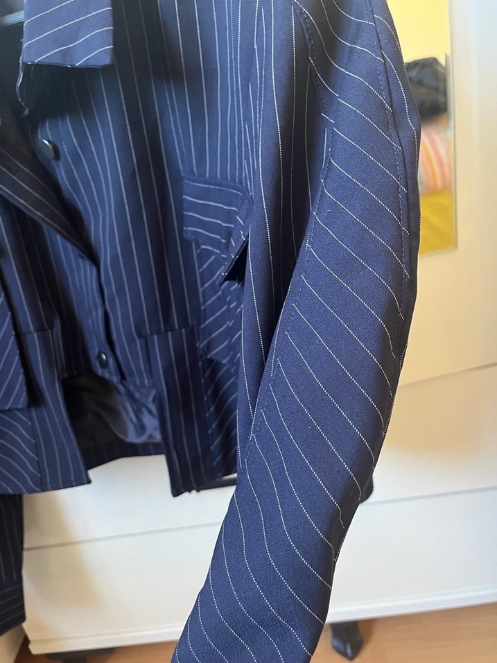 Düğmeli Kısa Mavi Kadın Blazer Ceket - Görsel 3