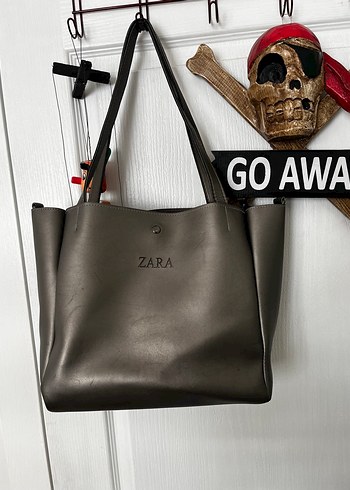 Zara Koyu Gri Deri Omuz Cantasi