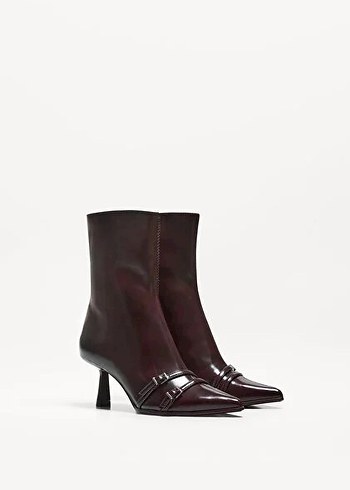 Bordo Deri Stiletto Topuklu Kadın Bot