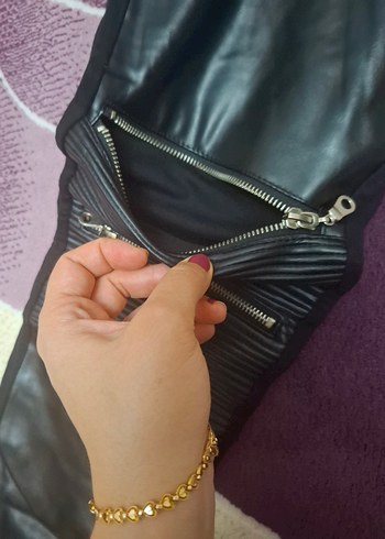 m Beden siyah Renk Fermuarlı Siyah Deri Kadın Tayt