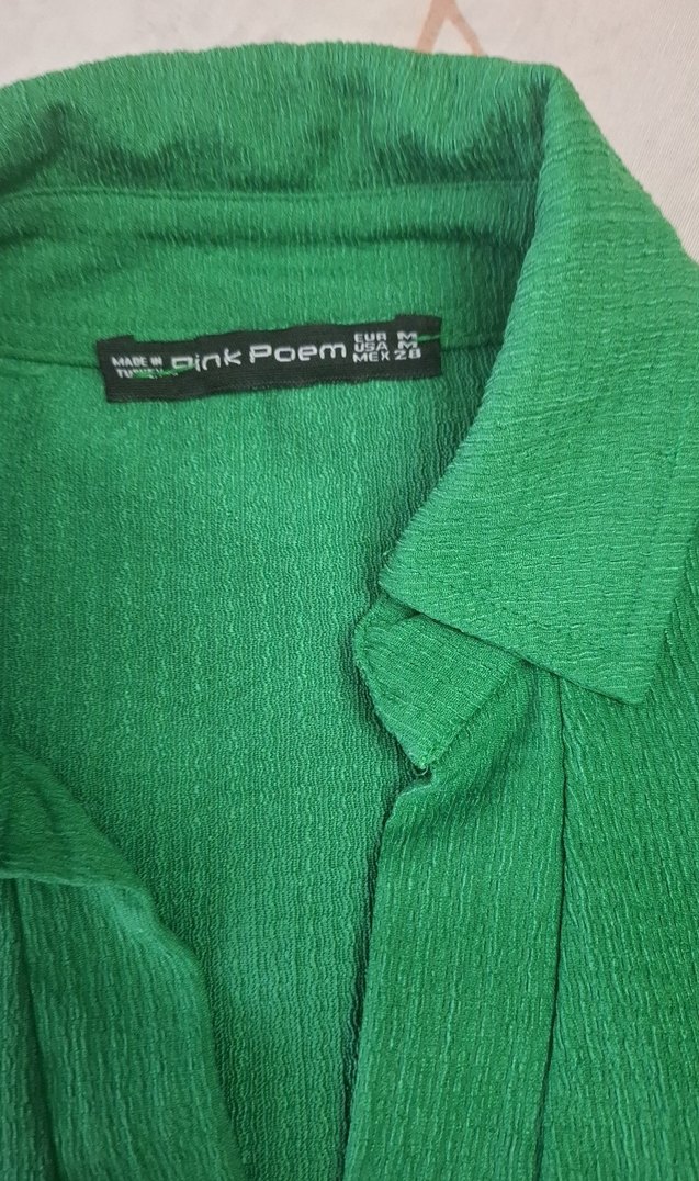 Yeşil Kısa Kollu Keten Kadın Gömlek - Görsel 2