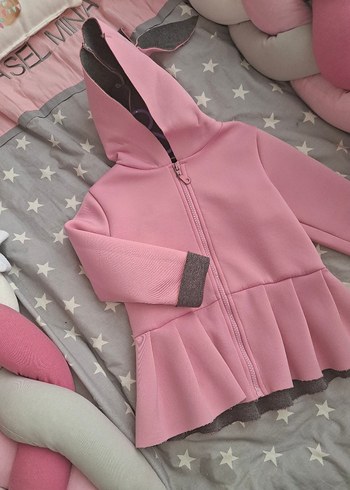 Kız Çocuk Pembe Kapüşonlu Fırfırlı Ceket - Görsel 3