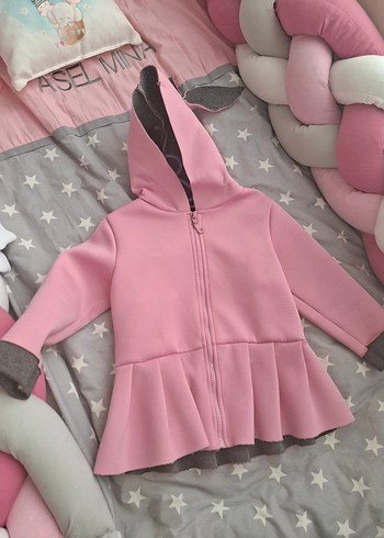 Kız Çocuk Pembe Kapüşonlu Fırfırlı Ceket - Görsel 4