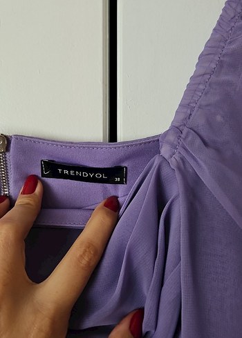 Uzun Kollu Straplez Mor Drapeli Abiye Takım - Görsel 3